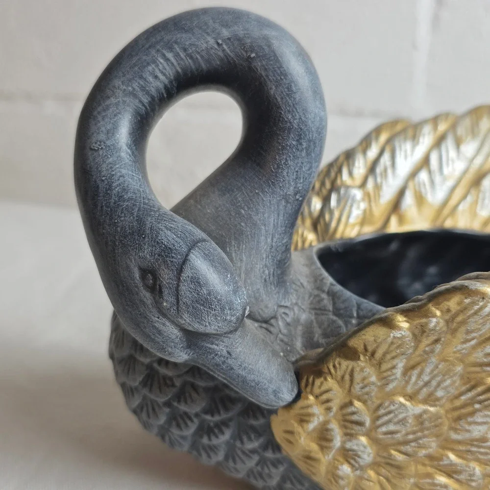 Vintage Style Charcoal Grey and Gold Swan Planter Decorative Glam